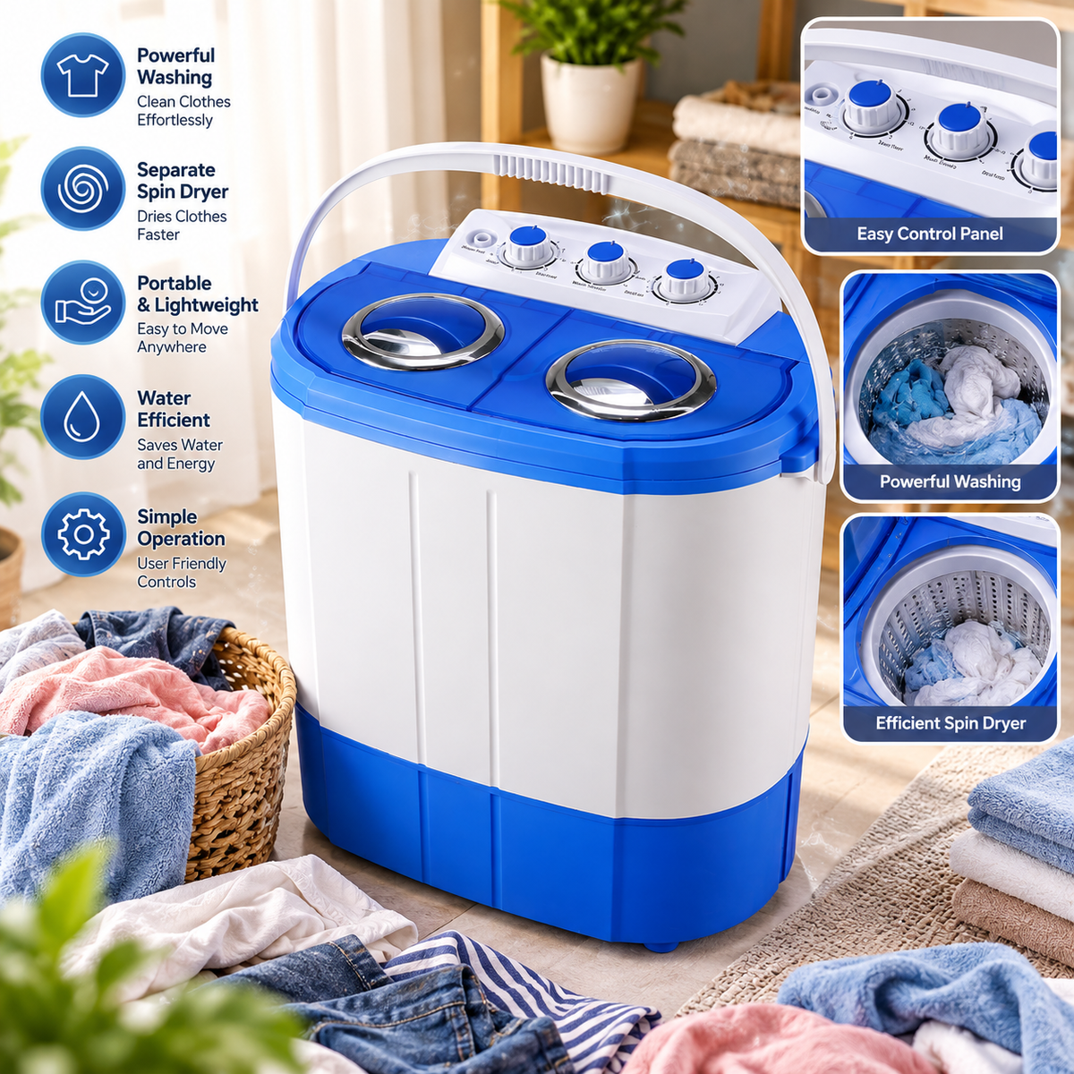 Mini Twin-Tub Washing Machine with 3kg Wash Capacity