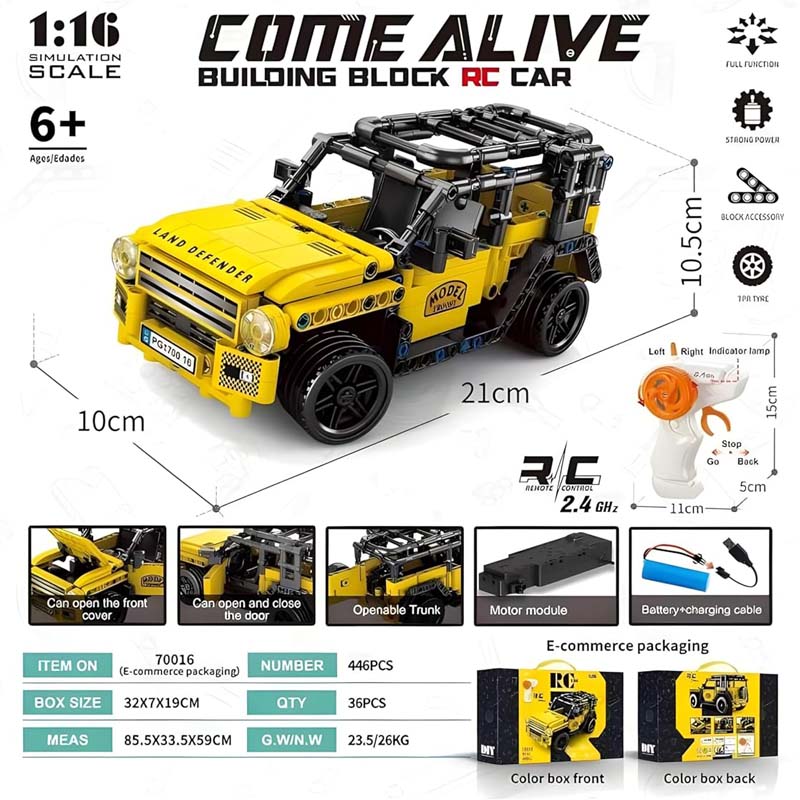 Come Alive 1:16 Scale RC Land Defender Rover. 446-piece DIY building kit with remote control. STEM engineering toy for kids.