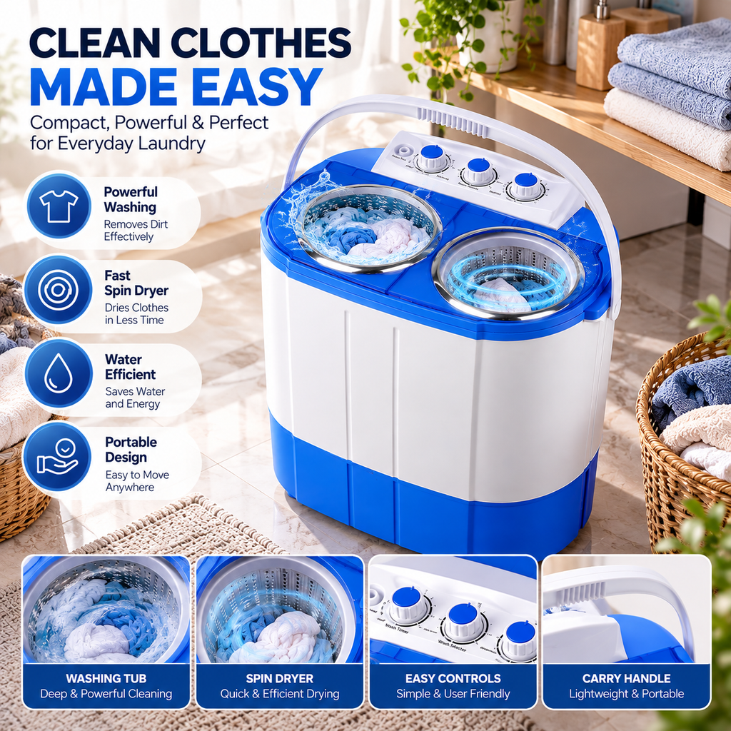 Mini Twin-Tub Washing Machine with 3kg Wash Capacity