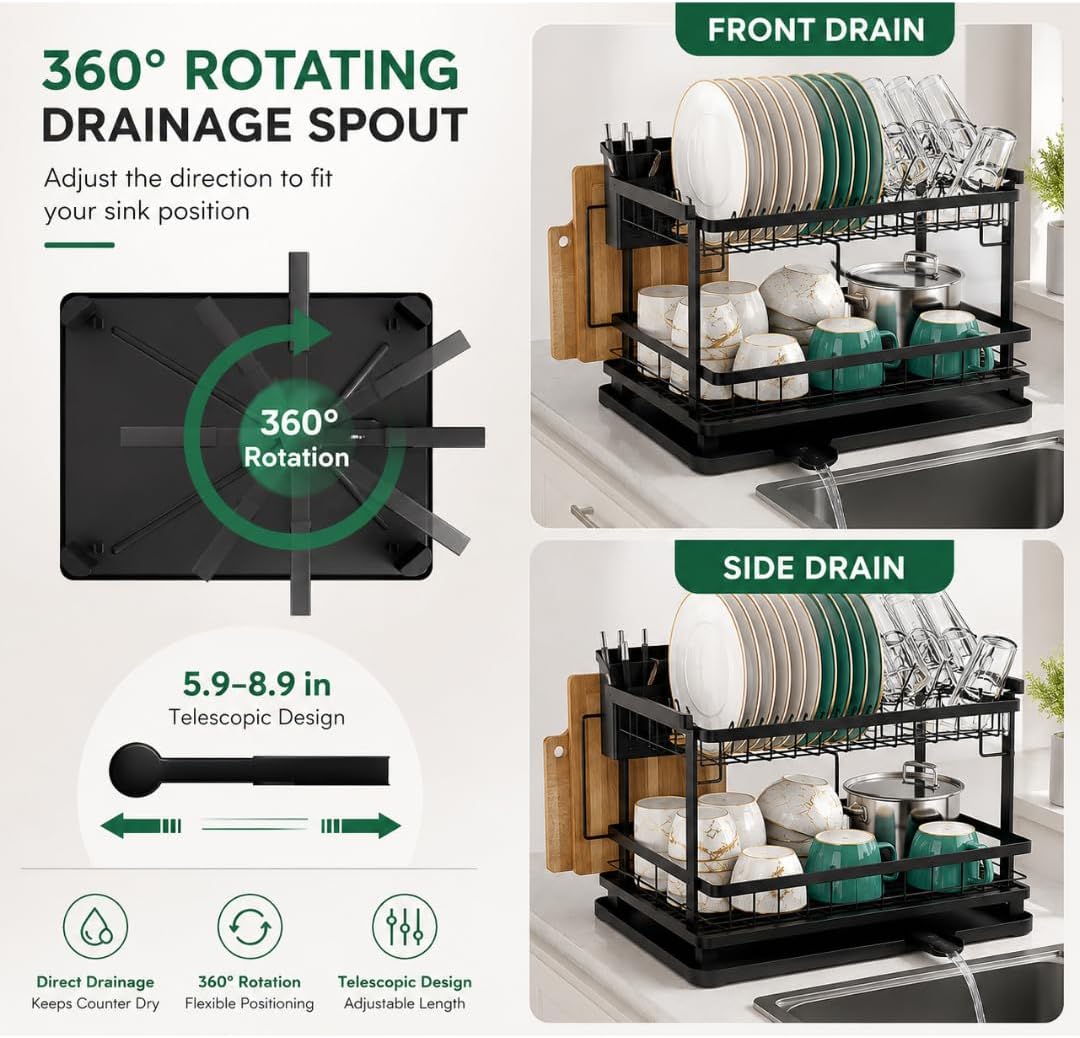Large 2-Tier Dish Drying Rack with Draining Tray