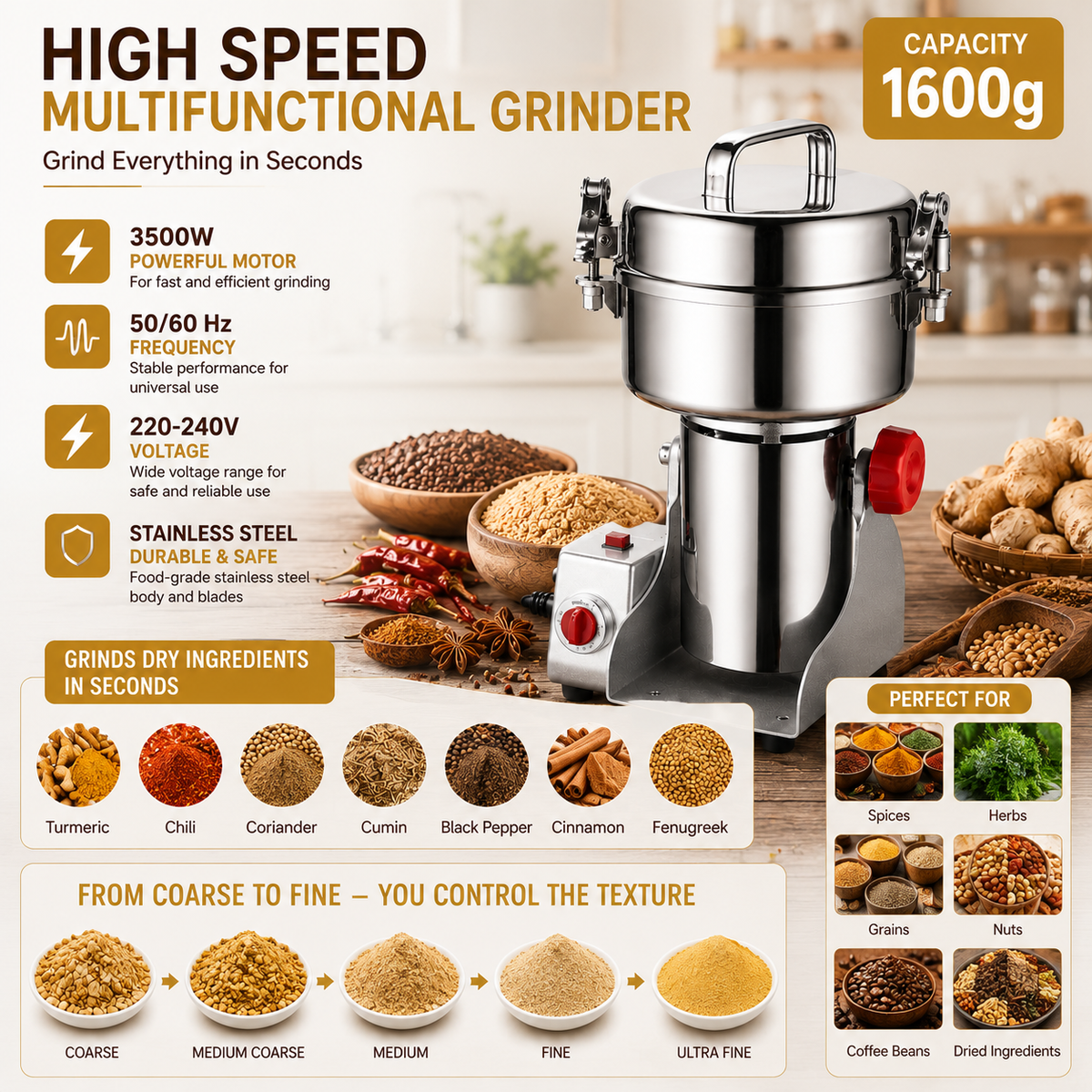 High Speed 3500W Electric Grain Grinder with 1600g Capacity Stainless Steel