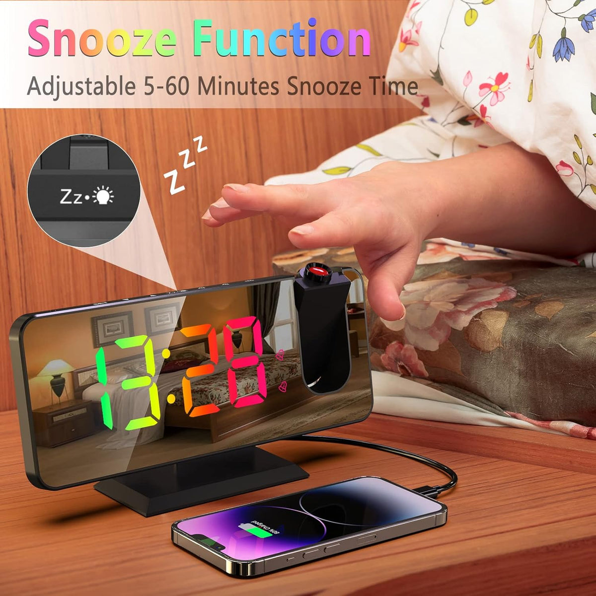 Projection Alarm Clock 180° Rotatable Ceiling